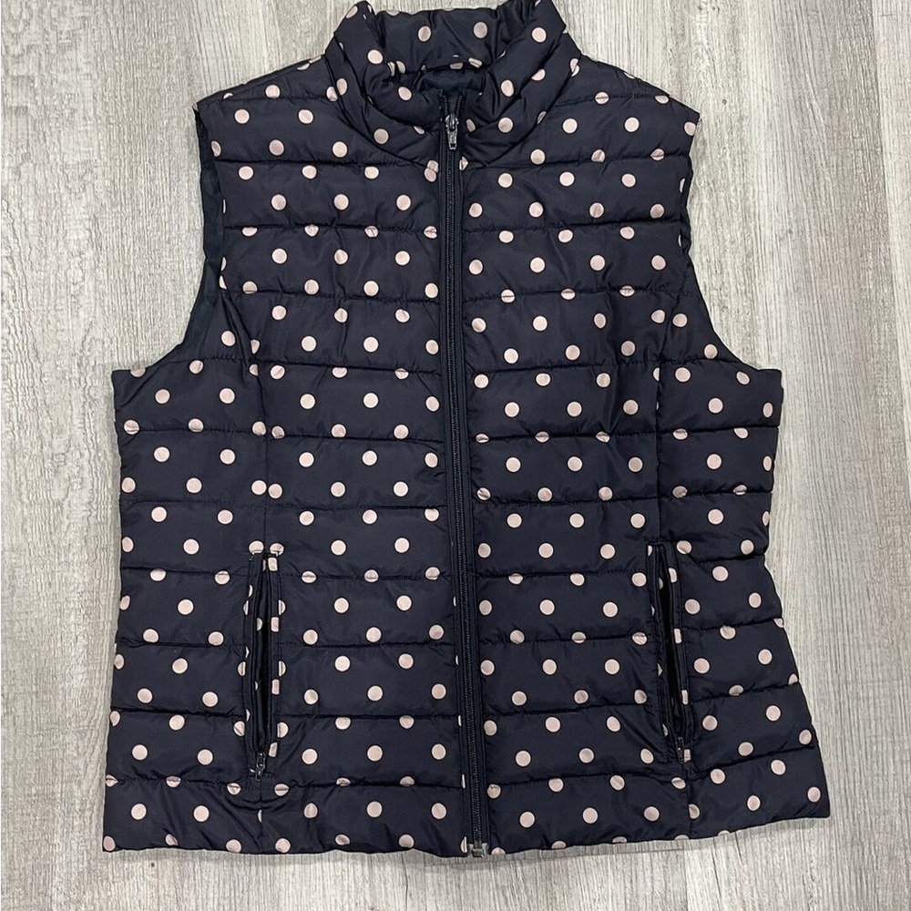 Colebrook Essentials Vest Puffer Vest Quilted Navy Tan Polka Dot Womens M small